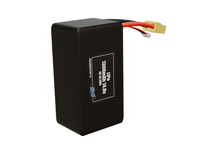 Side-angle render of a 14.8-volt 1300mAh lithium-polymer battery, assembled in the USA for compact UAV, drone, and military robotics platforms.