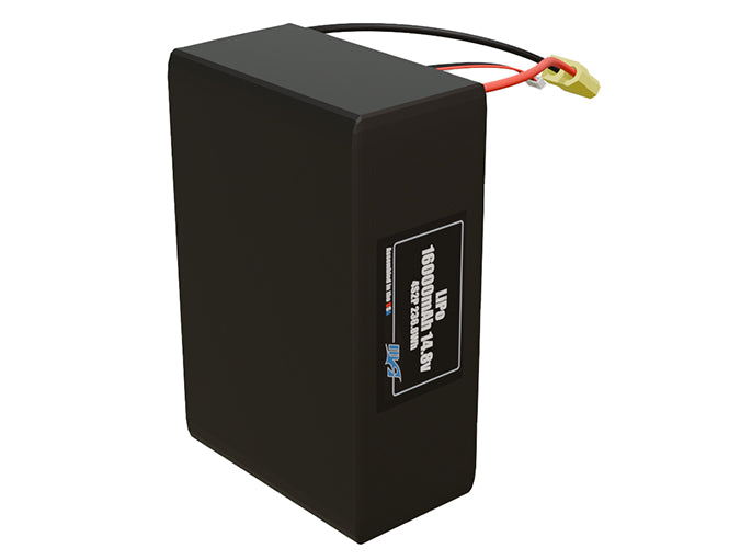 Side-angle render of a 14.8-volt 16000mAh lithium-polymer battery, assembled in the USA for compact UAV, drone, and military robotics platforms.