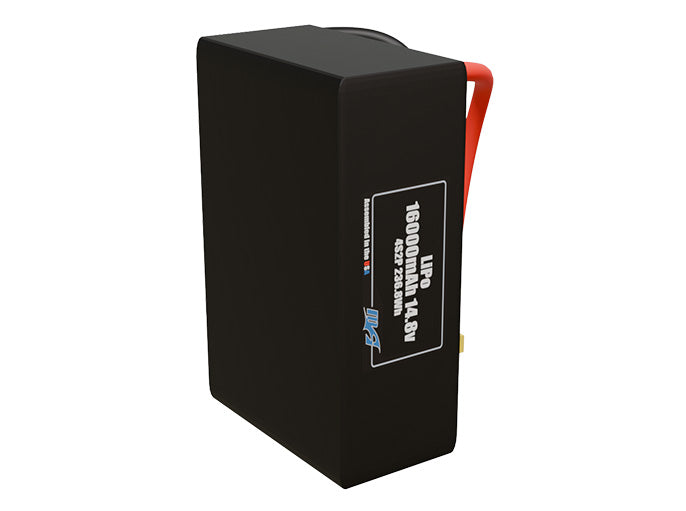 Side-angle render of a 14.8-volt 16000mAh lithium-polymer battery, assembled in the USA for compact UAV, drone, and military robotics platforms.
