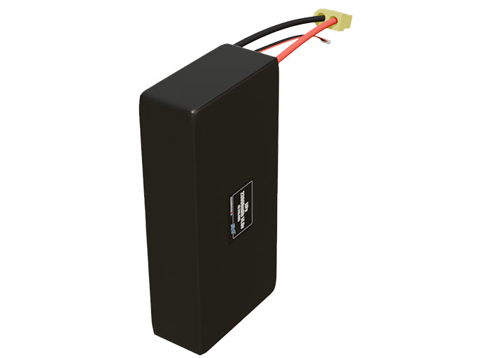 Side-angle render of a 14.8-volt 23000mAh lithium-polymer battery, assembled in the USA for compact UAV, drone, and military robotics platforms.