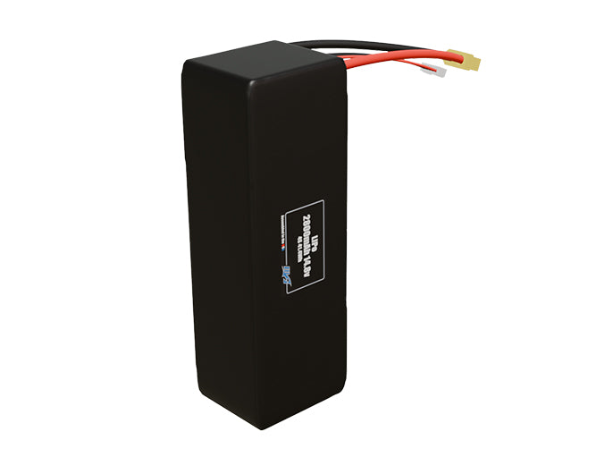 Side-angle render of a 14.8-volt 2800mAh lithium-polymer battery, assembled in the USA for compact UAV, drone, and military robotics platforms.
