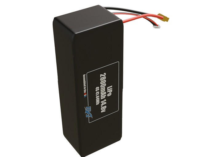 Side-angle render of a 14.8-volt 2800mAh lithium-polymer battery, assembled in the USA for compact UAV, drone, and military robotics platforms.