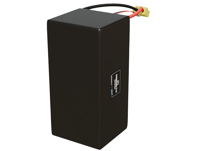 Side-angle render of a 14.8-volt 34000mAh lithium-polymer battery, assembled in the USA for compact UAV, drone, and military robotics platforms.