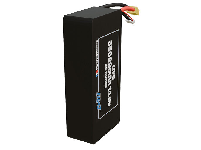 Side-angle render of a 14.8-volt 35000mAh lithium-polymer battery, assembled in the USA for compact UAV, drone, and military robotics platforms.