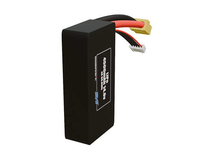 Side-angle render of a 14.8-volt 4500mAh lithium-po battery, assembled in the USA for compact UAV, drone, and military robotics platforms.