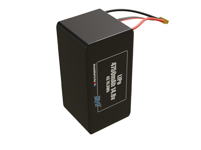 Side-angle render of a 14.8-volt 4750mAh lithium-polymer battery, assembled in the USA for compact UAV, drone, and military robotics platforms.