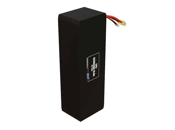 Side-angle render of a 14.8-volt 5200mAh lithium-polymer battery, assembled in the USA for compact UAV, drone, and military robotics platforms.
