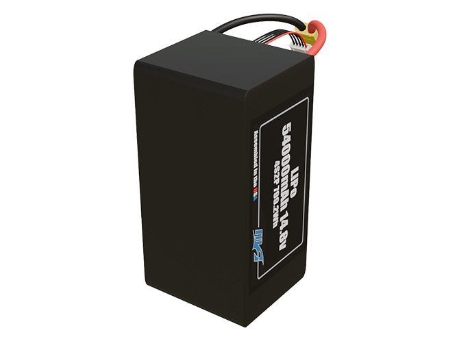 Side-angle render of a 14.8-volt 54000mAh lithium-polymer battery, assembled in the USA for compact UAV, drone, and military robotics platforms.