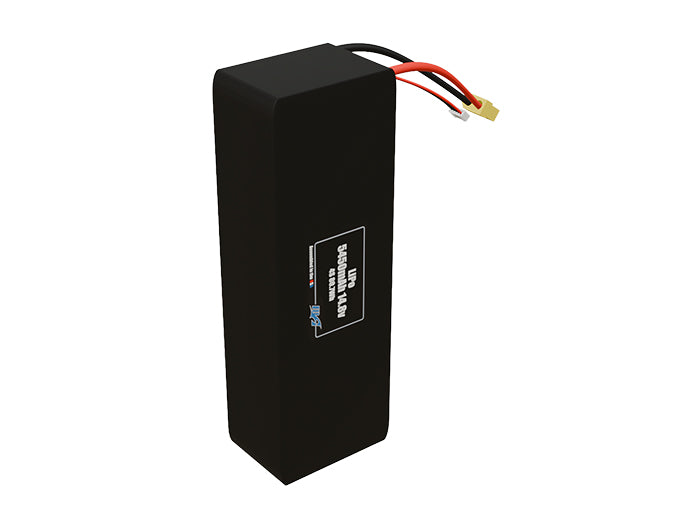 Side-angle render of a 14.8-volt 5450mAh lithium-polymer battery, assembled in the USA for compact UAV, drone, and military robotics platforms.