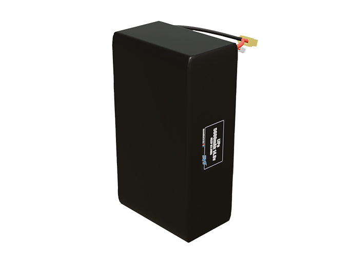 Side-angle render of a 14.8-volt 5600mAh lithium-polymer battery, assembled in the USA for compact UAV, drone, and military robotics platforms.