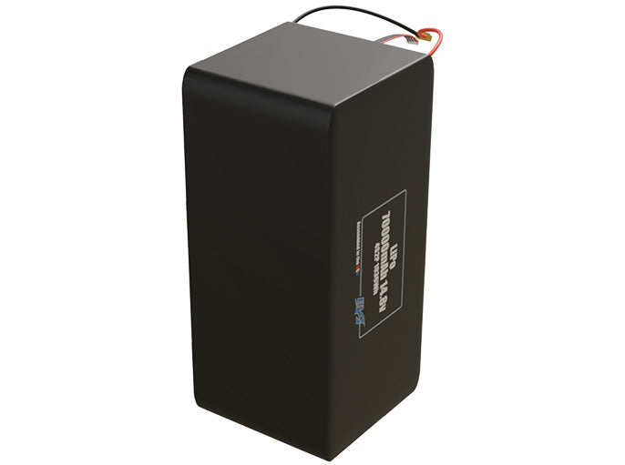 Side-angle render of a 14.8-volt 70000mAh lithium-polymer battery, assembled in the USA for compact UAV, drone, and military robotics platforms.