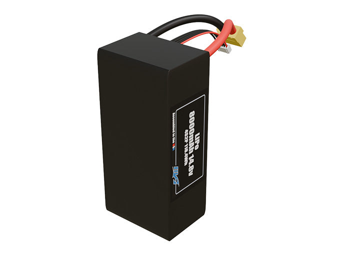 Side-angle render of a 14.8-volt 8000mAh lithium-polymer battery, assembled in the USA for compact UAV, drone, and military robotics platforms.