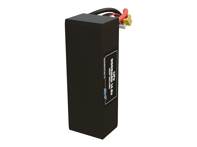 Side-angle render of a 14.8-volt 9000mAh lithium-polymer battery, assembled in the USA for compact UAV, drone, and military robotics platforms.