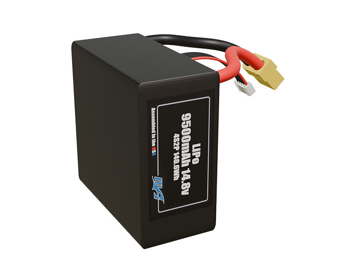 Side-angle render of a 14.8-volt 9500mAh lithium-polymer battery, assembled in the USA for compact UAV, drone, and military robotics platforms.