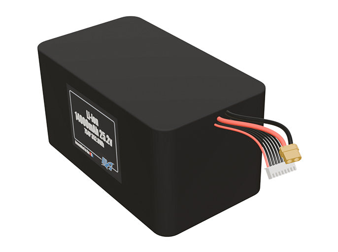 Angled product render of the 14000mAh 28-cell Lithium-ion pack. A lightweight energy source for UAV, drone, and robotic builds.