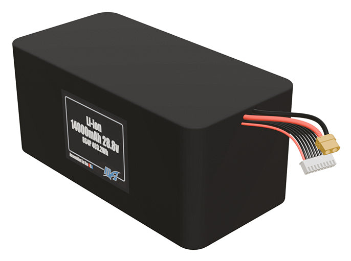 Angled product render of the 14000mAh 32-cell Lithium-ion pack. A lightweight energy source for UAV, drone, and robotic builds.