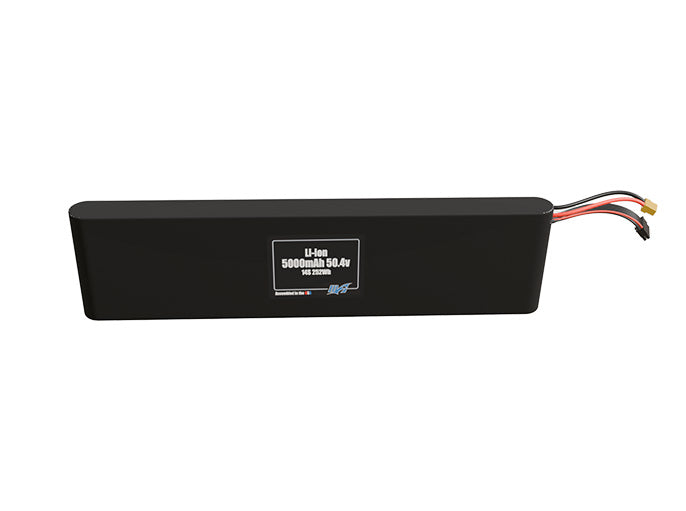 Front-facing render of the 50.4V 5000mAh 14S Li-ion battery, assembled in the USA by maxamps, for drone and robotics applications.