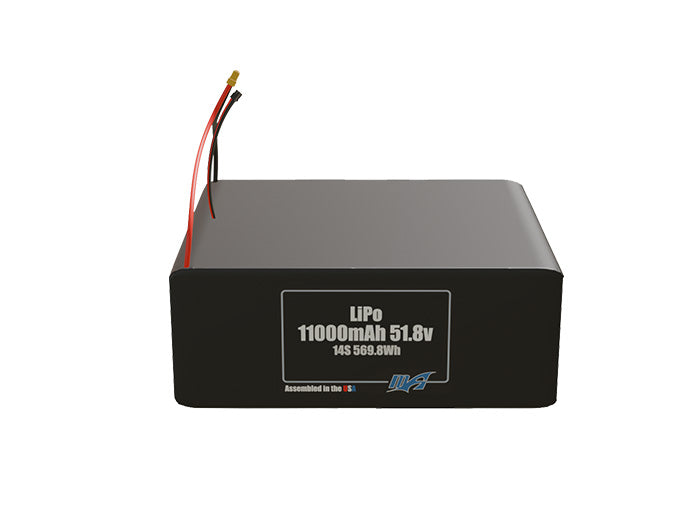 Front-facing render of the 51.8V 11000mAh 14S LiPo battery, assembled in the USA by maxamps, for drone and robotics applications.