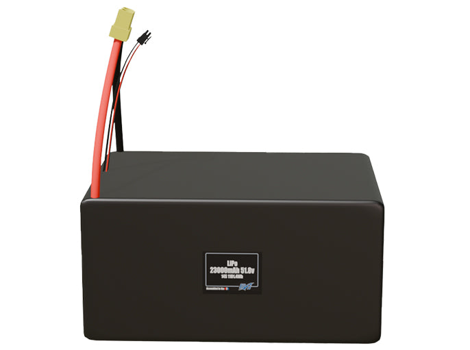 Front-facing render of the 51.8V 23000mAh 14S LiPo battery, assembled in the USA by maxamps, for drone and robotics applications.