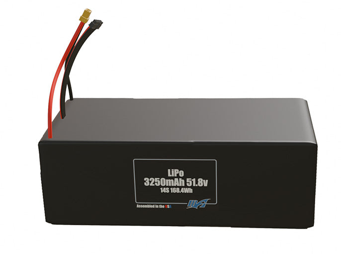 Front-facing render of the 51.8V 3250mAh 14S LiPo battery, assembled in the USA by maxamps, for drone and robotics applications.
