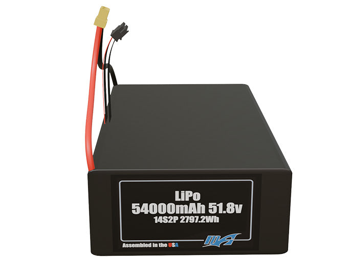 Front-facing render of the 51.8V 54000mAh 14S2P LiPo battery, assembled in the USA by maxamps, for drone and robotics applications.