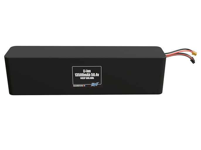 Front-facing render of the 50.4V 13500mAh 14S3P Lithium-Ion battery, assembled in the USA by maxamps, for drone and robotics applications.