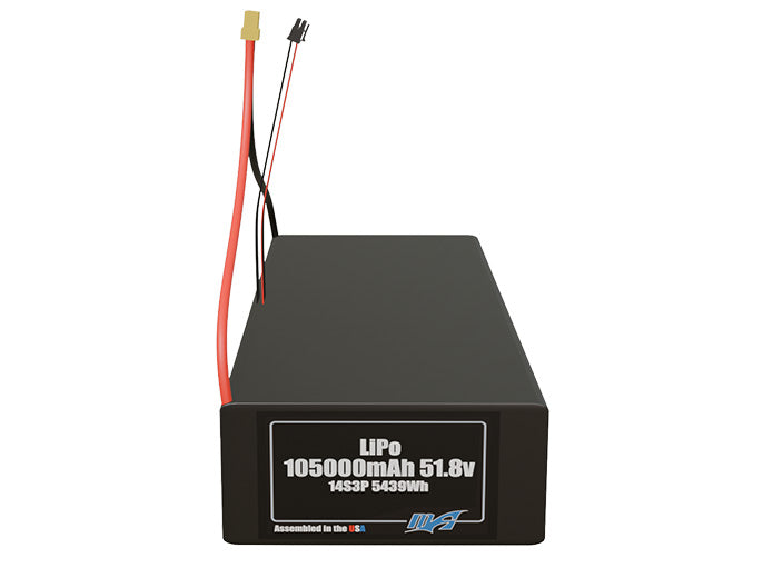 Front-facing render of the 51.8V 105000mAh 14S3P LiPo battery, assembled in the USA by maxamps, for drone and robotics applications.