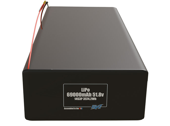 Front-facing render of the 51.8V 69000mAh 14S3P LiPo battery, assembled in the USA by maxamps, for drone and robotics applications.
