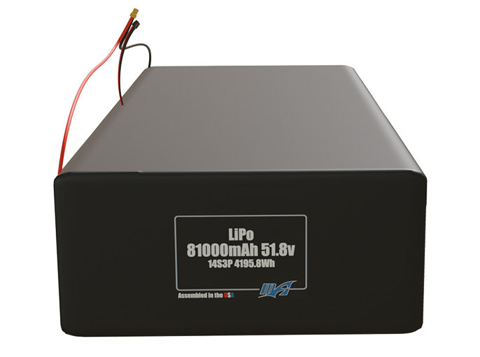 Front-facing render of the 51.8V 81000mAh 14S3P LiPo battery, assembled in the USA by maxamps, for drone and robotics applications.