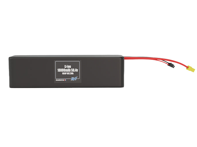 Front-facing render of the 50.4V 18000mAh 14S4P Lithium-Ion battery, assembled in the USA by maxamps, for drone and robotics applications.