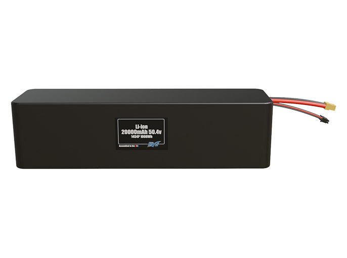 Front-facing render of the 50.4V 20000mAh 14S4P Lithium-Ion battery, assembled in the USA by maxamps, for drone and robotics applications.