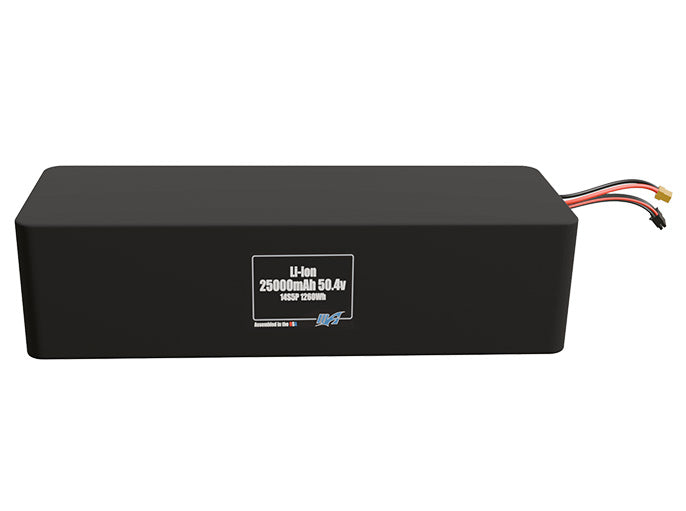Front-facing render of the 50.4V 25000mAh 14S5P Lithium-Ion battery, assembled in the USA by maxamps, for drone and robotics applications.