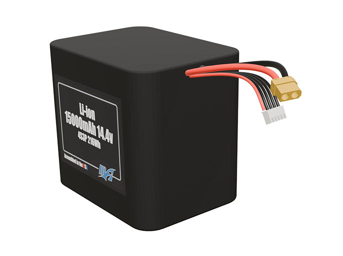 Angled product render of the 15000mAh 12-cell Lithium-ion pack. A lightweight energy source for UAV, drone, and robotic builds.