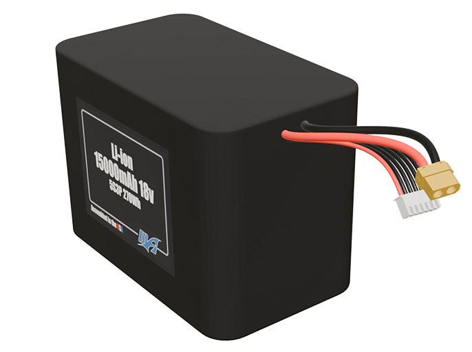 Angled product render of the 15000mAh 15-cell Lithium-ion pack. A lightweight energy source for UAV, drone, and robotic builds.
