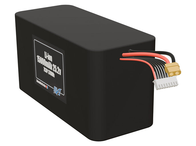 Angled product render of the 15000mAh 21-cell Lithium-ion pack. A lightweight energy source for UAV, drone, and robotic builds.