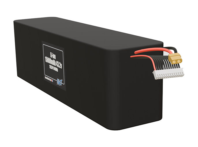 Angled product render of the 15000mAh 36-cell Lithium-ion pack. A lightweight energy source for UAV, drone, and robotic builds.