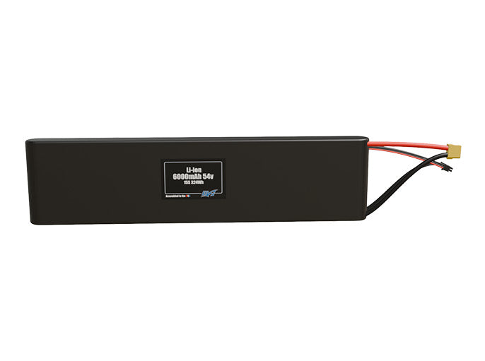 Front-facing render of the 54V 6000mAh 15S Li-ion battery, assembled in the USA by maxamps, for drone and robotics applications.