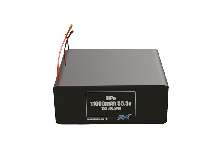 Front-facing render of the 55.5V 11000mAh 15S LiPo battery, assembled in the USA by maxamps, for drone and robotics applications.