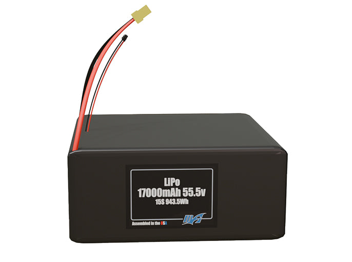 Front-facing render of the 55.5V 17000mAh 15S LiPo battery, assembled in the USA by maxamps, for drone and robotics applications.