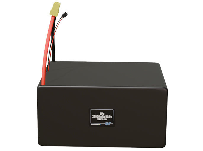 Front-facing render of the 55.5V 23000mAh 15S LiPo battery, assembled in the USA by maxamps, for drone and robotics applications.
