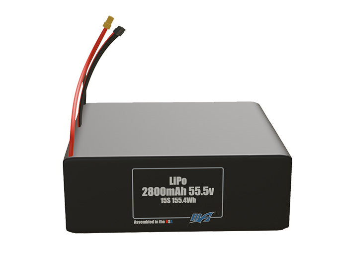 Front-facing render of the 55.5V 2800mAh 15S LiPo battery, assembled in the USA by maxamps, for drone and robotics applications.