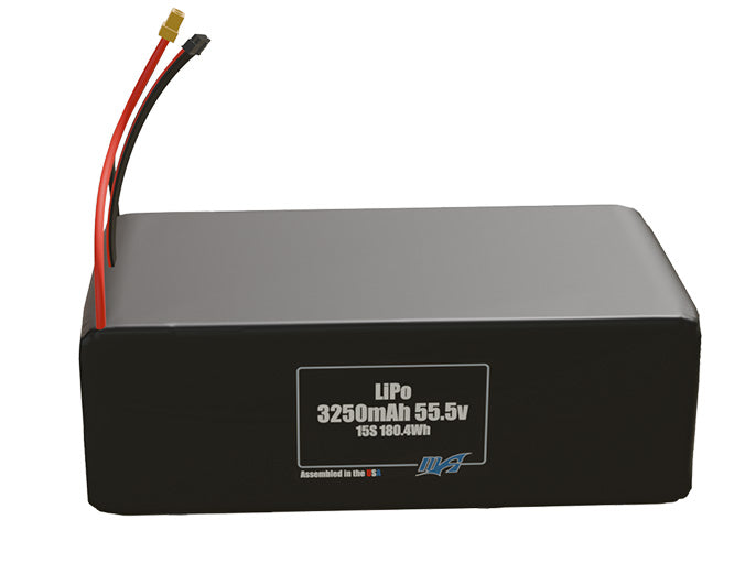 Front-facing render of the 55.5V 3250mAh 15S LiPo battery, assembled in the USA by maxamps, for drone and robotics applications.