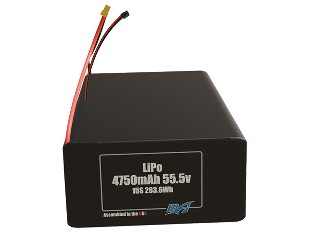 Front-facing render of the 55.5V 4750mAh 15S LiPo battery, assembled in the USA by maxamps, for drone and robotics applications.