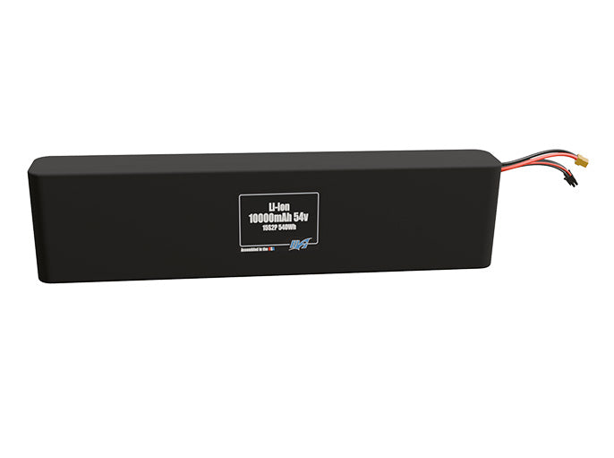 Front-facing render of the 54V 10000mAh 15S2P Li-ion battery, assembled in the USA by maxamps, for drone and robotics applications.
