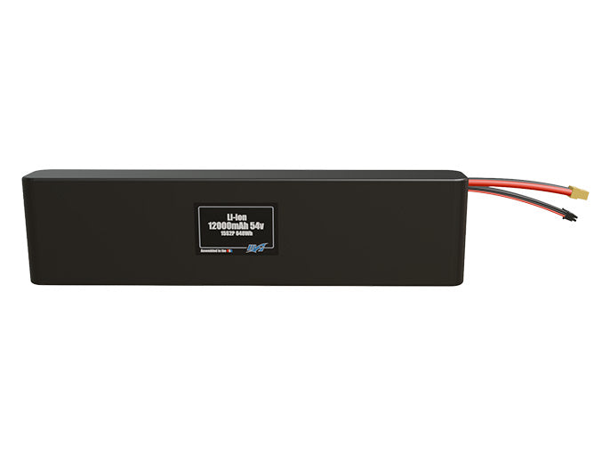 Front-facing render of the 54V 12000mAh 15S2P Li-ion battery, assembled in the USA by maxamps, for drone and robotics applications.