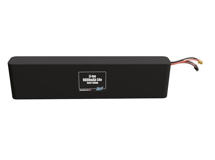 Front-facing render of the 54V 9000mAh 15S2P Li-ion battery, assembled in the USA by maxamps, for drone and robotics applications.