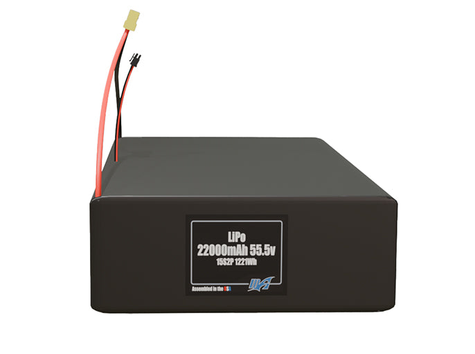 Front-facing render of the 55.5V 22000mAh 15S2P LiPo battery, assembled in the USA by maxamps, for drone and robotics applications.