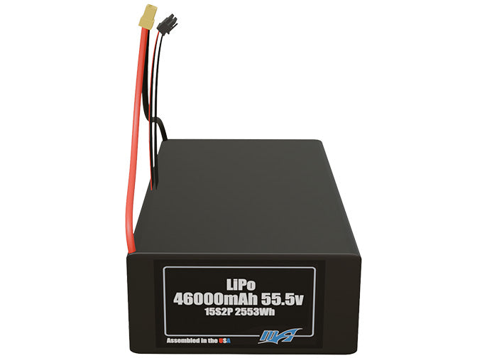 Front-facing render of the 55.5V 46000mAh 15S2P LiPo battery, assembled in the USA by maxamps, for drone and robotics applications.
