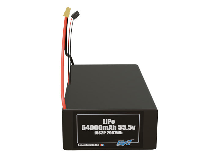 Front-facing render of the 55.5V 54000mAh 15S2P LiPo battery, assembled in the USA by maxamps, for drone and robotics applications.