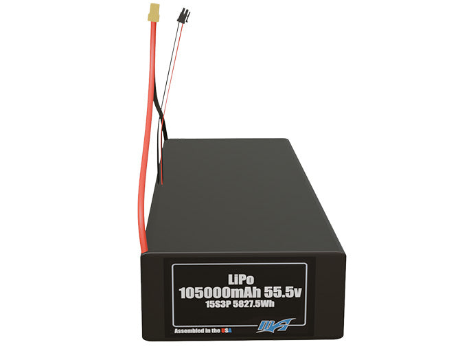 Front-facing render of the 55.5V 105000mAh 15S3P LiPo battery, assembled in the USA by maxamps, for drone and robotics applications.